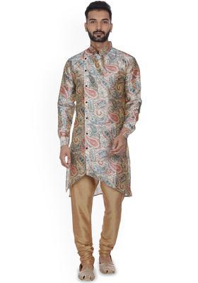 Beige Printed Silk Kurta Set For Men