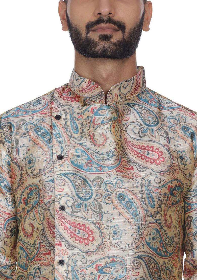 Beige Printed Silk Kurta Set For Men - Indya