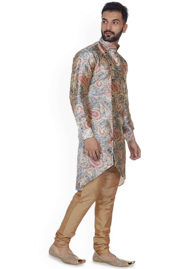 Beige Printed Silk Kurta Set For Men - Indya