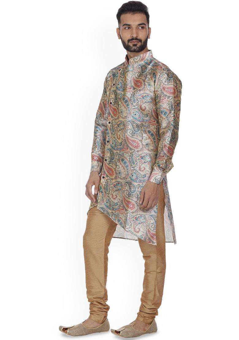 Beige Printed Silk Kurta Set For Men - Indya