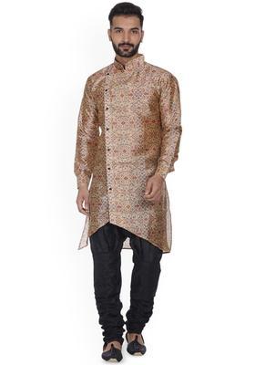 Beige Printed Silk Kurta Set For Men