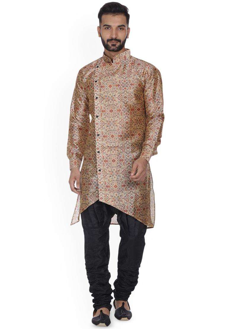 Beige Printed Silk Kurta Set For Men - Indya