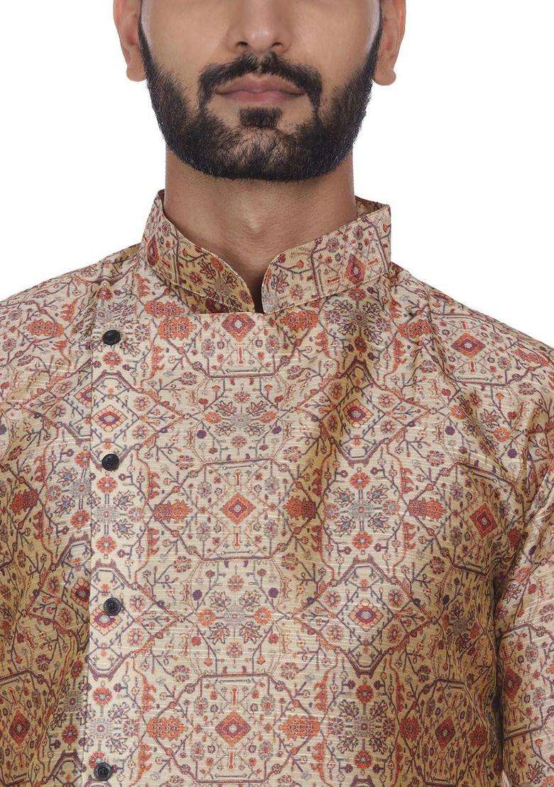 Beige Printed Silk Kurta Set For Men - Indya