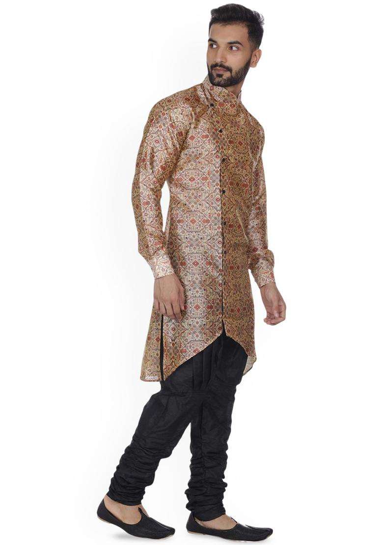 Beige Printed Silk Kurta Set For Men - Indya