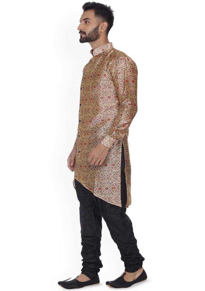 Beige Printed Silk Kurta Set For Men - Indya