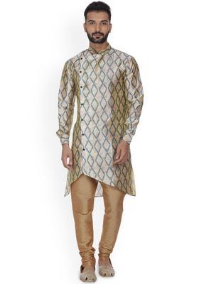 Beige Printed Silk Blend Kurta Set For Men