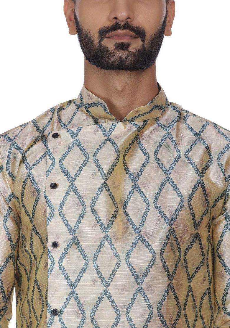 Beige Printed Silk Blend Kurta Set For Men - Indya