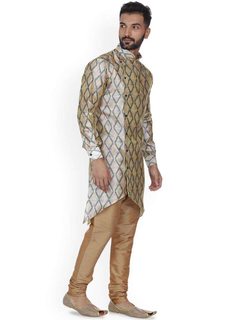 Beige Printed Silk Blend Kurta Set For Men - Indya