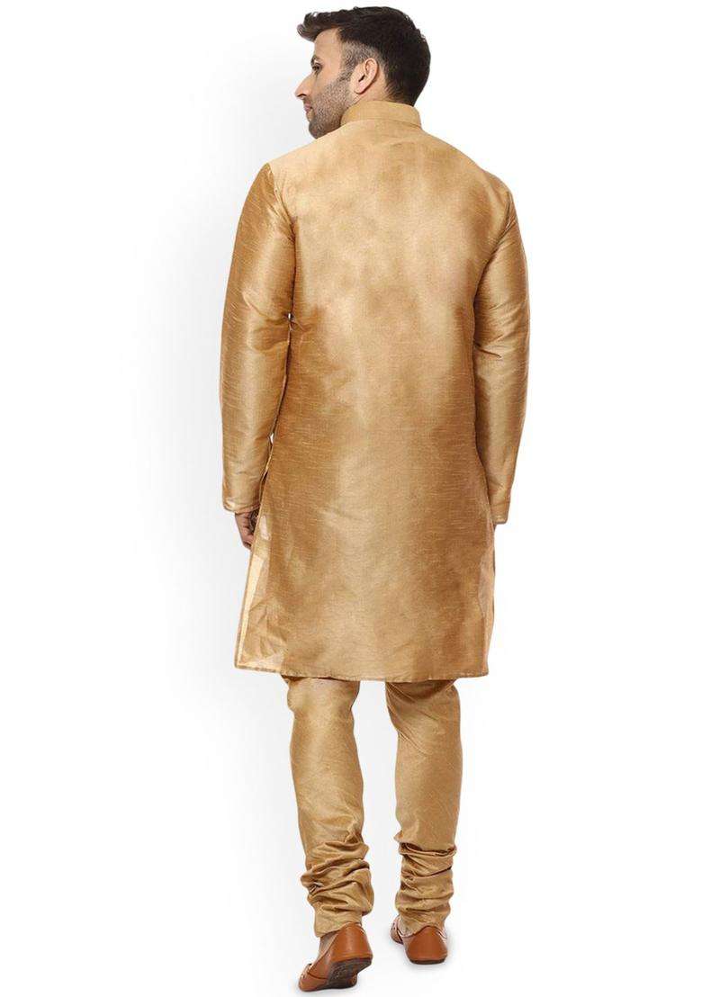 Beige Printed Silk Blend Kurta Set For Men - Indya