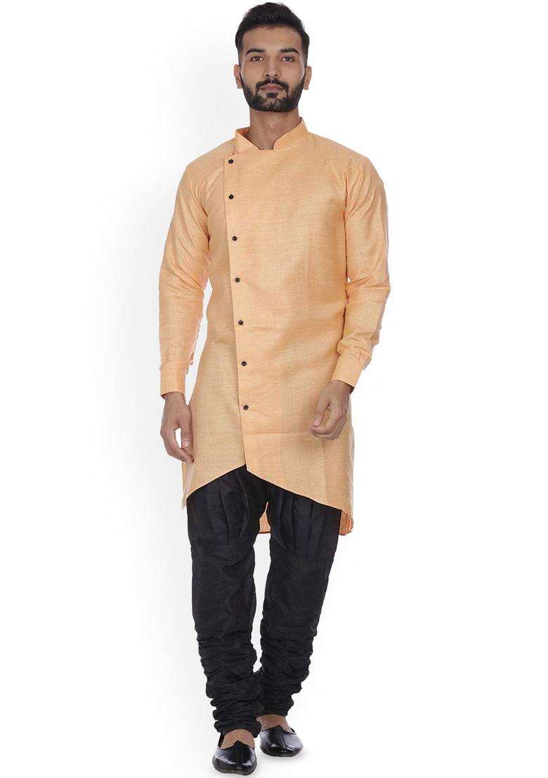 Orange Solid Cotton Kurta Set For Men - Indya