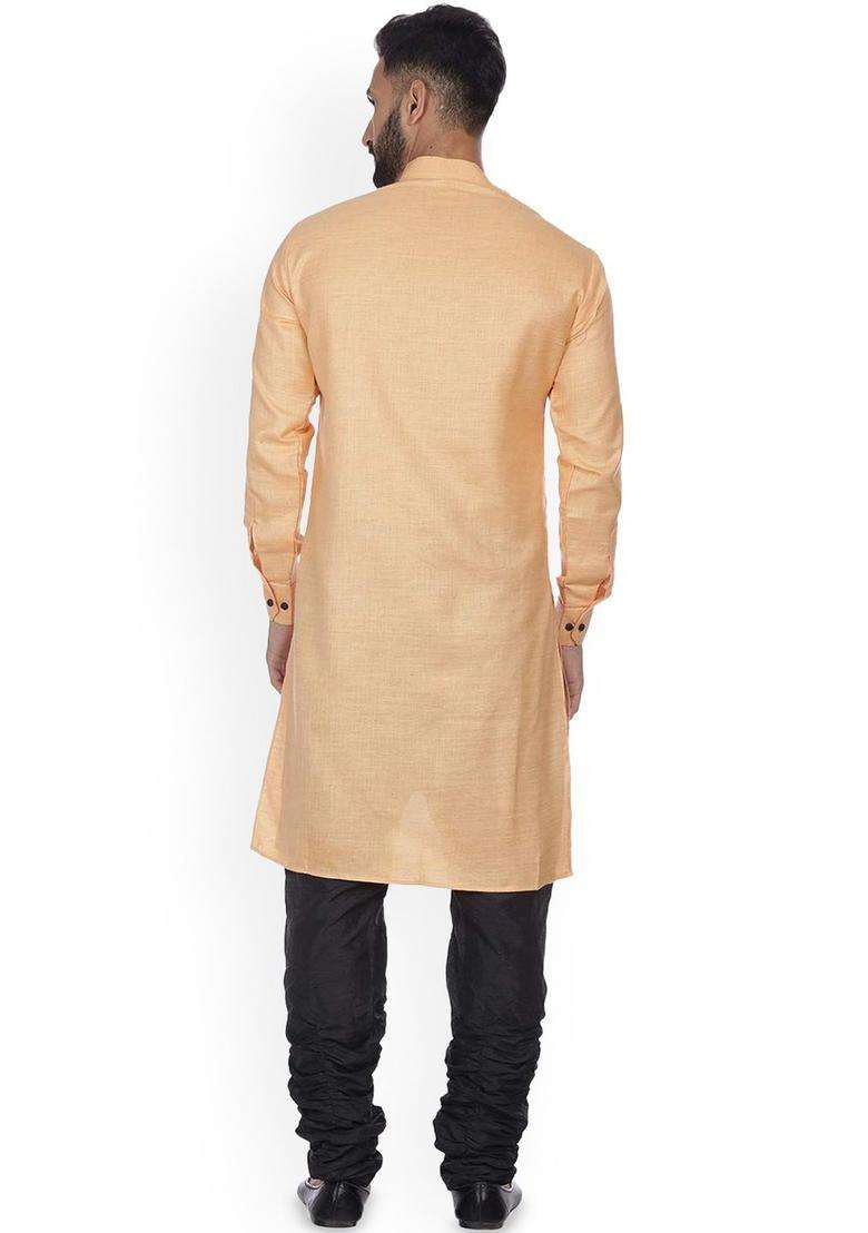 Orange Solid Cotton Kurta Set For Men - Indya