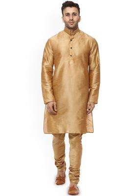 Gold Solid Silk Kurta Set For Men