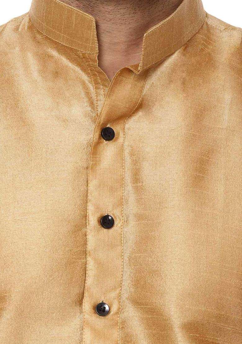 Gold Solid Silk Blend Kurta Set For Men - Indya