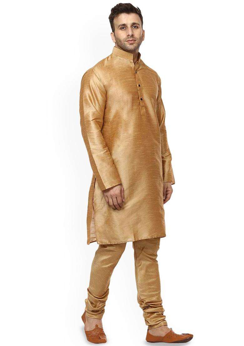 Gold Solid Silk Blend Kurta Set For Men - Indya