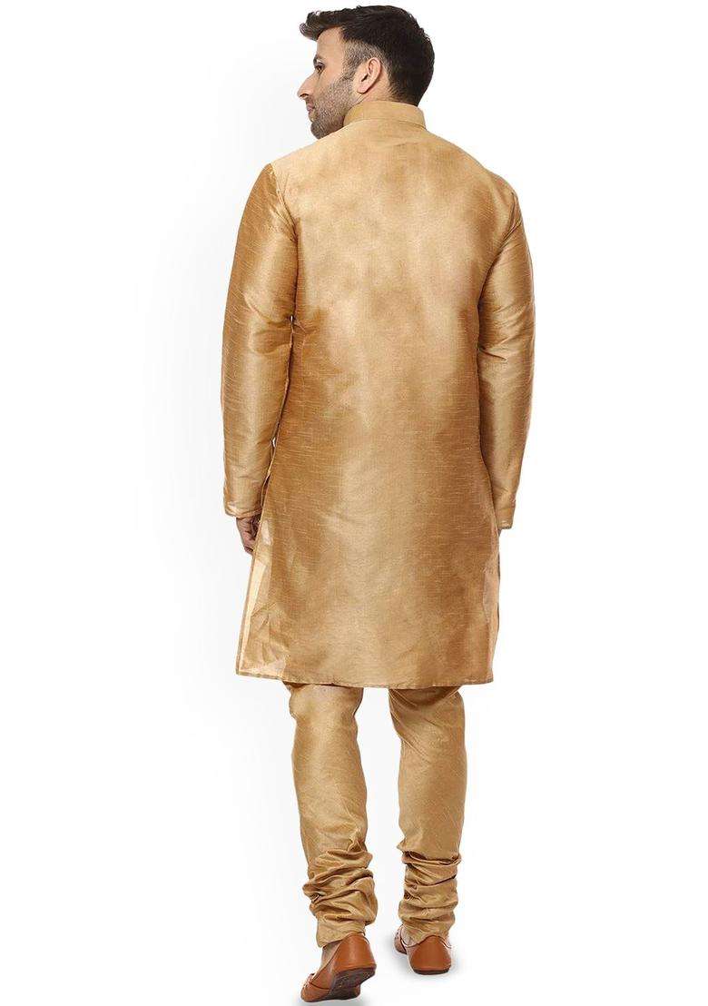 Gold Solid Silk Blend Kurta Set For Men - Indya