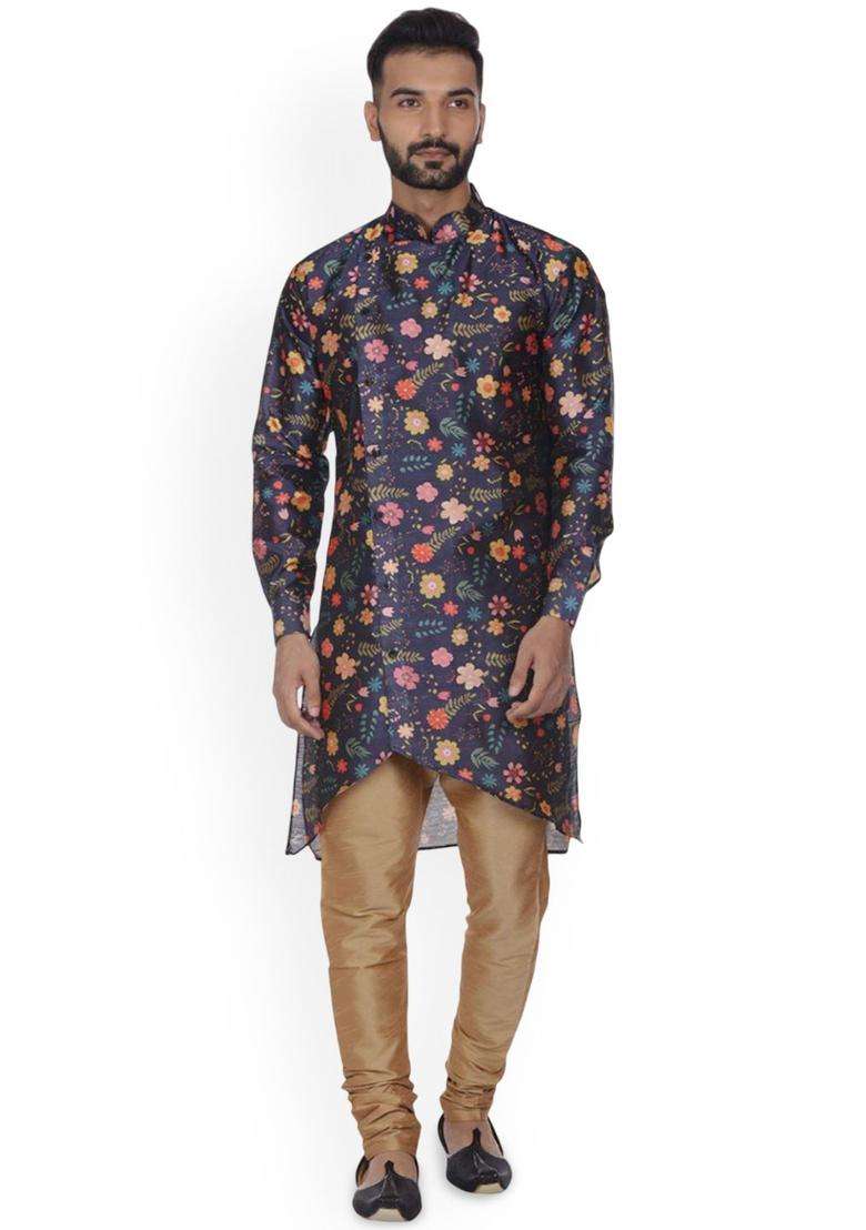 Blue Printed Silk Blend Kurta Set For Men - Indya