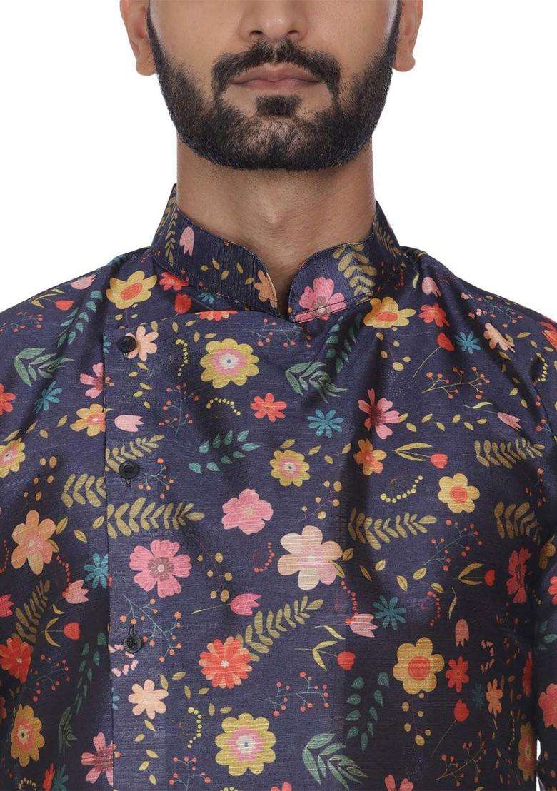 Blue Printed Silk Blend Kurta Set For Men - Indya