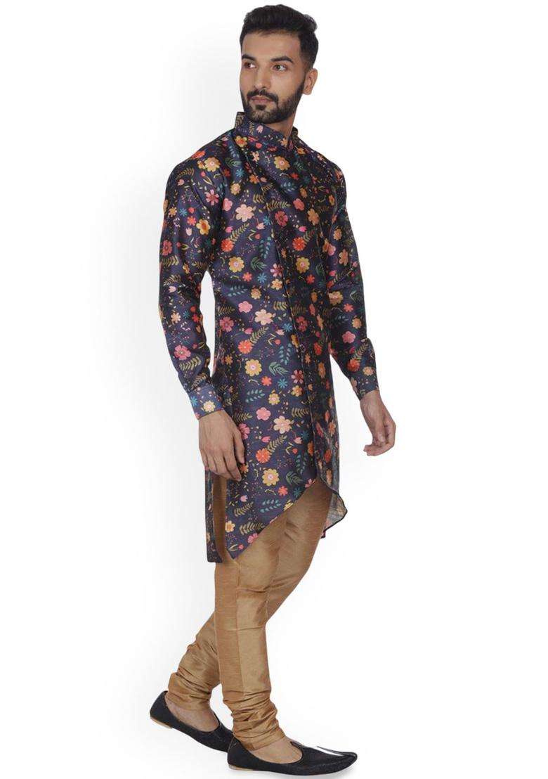 Blue Printed Silk Blend Kurta Set For Men - Indya