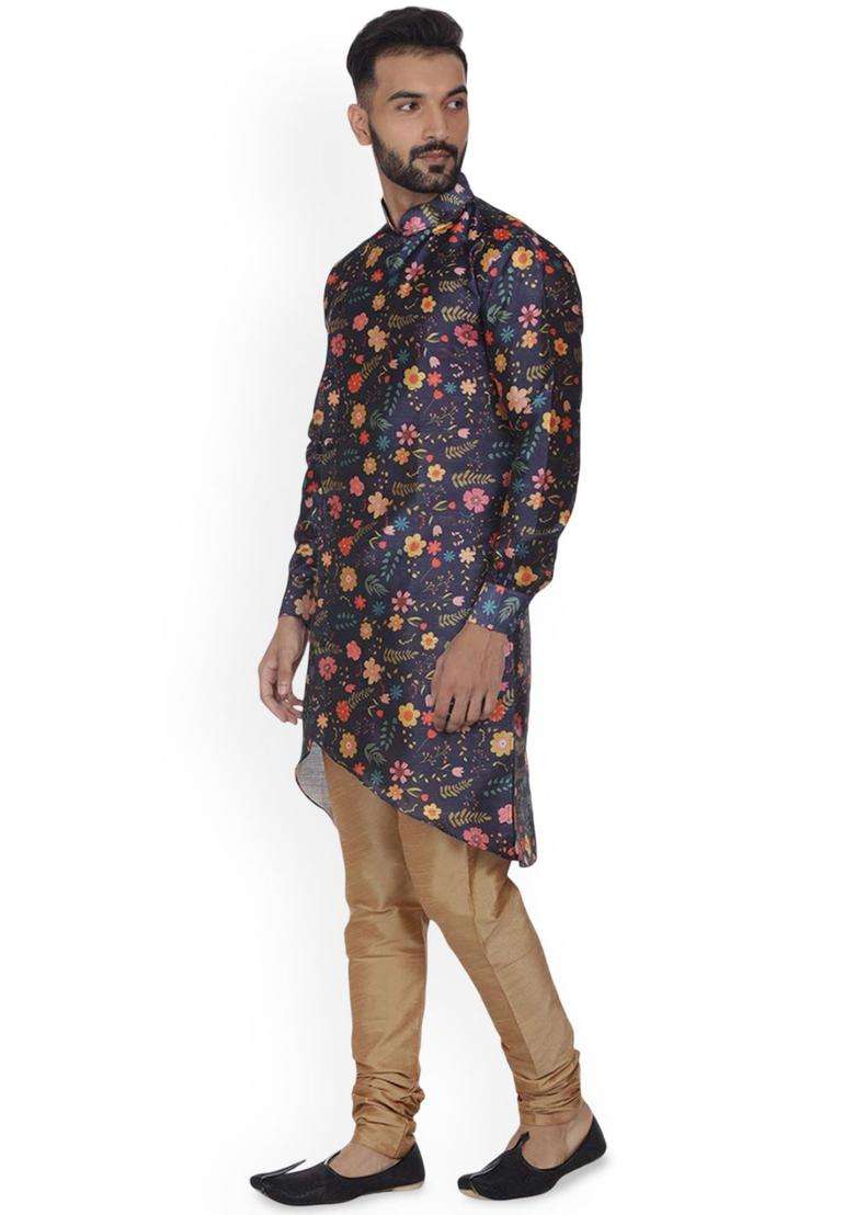 Blue Printed Silk Blend Kurta Set For Men - Indya