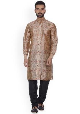 Brown Printed Silk Kurta Set For Men