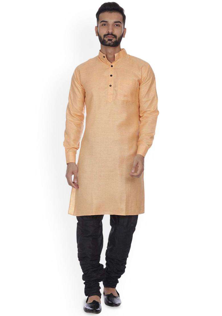 Orange Solid Cotton Kurta Set For Men - Indya