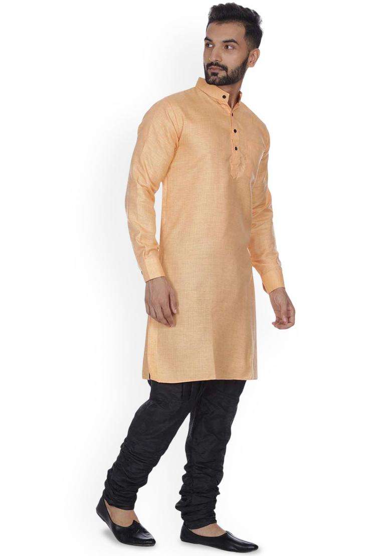 Orange Solid Cotton Kurta Set For Men - Indya