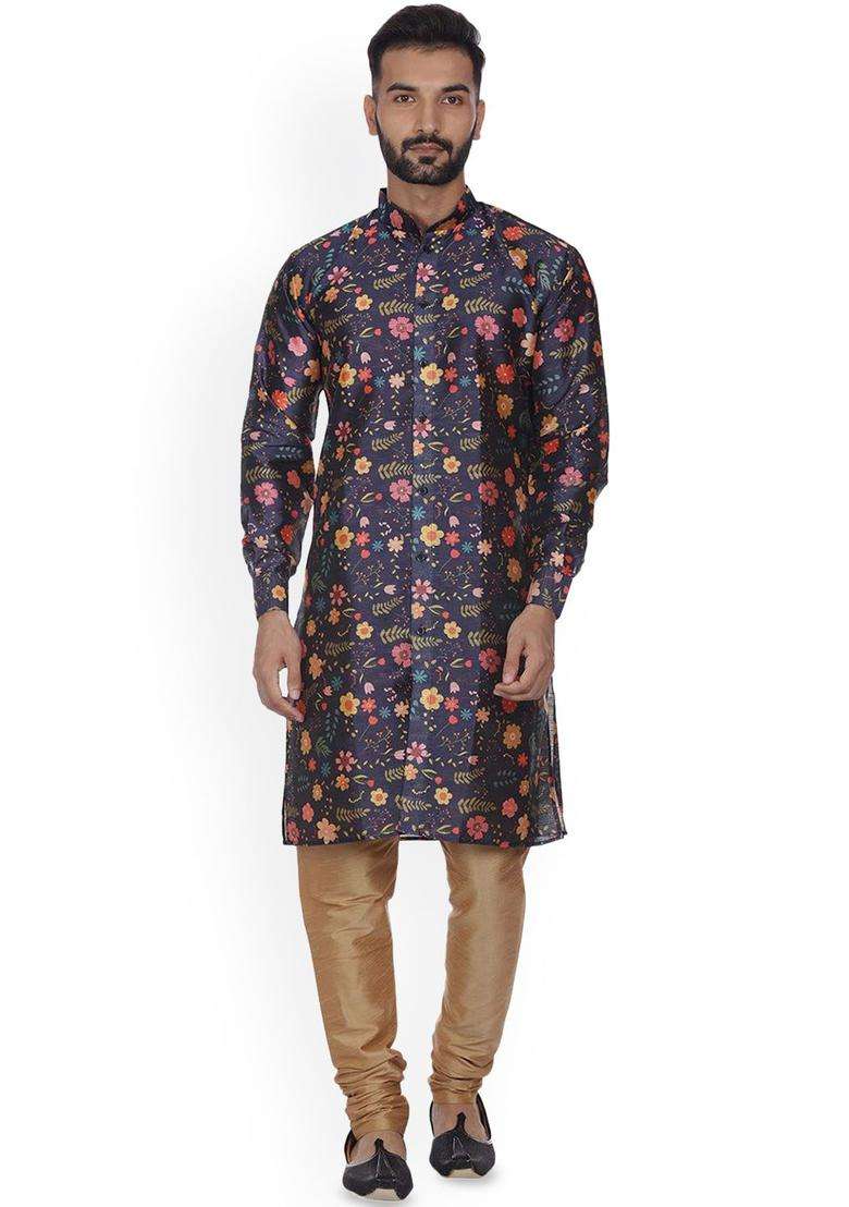 Blue Printed Silk Kurta Set For Men - Indya
