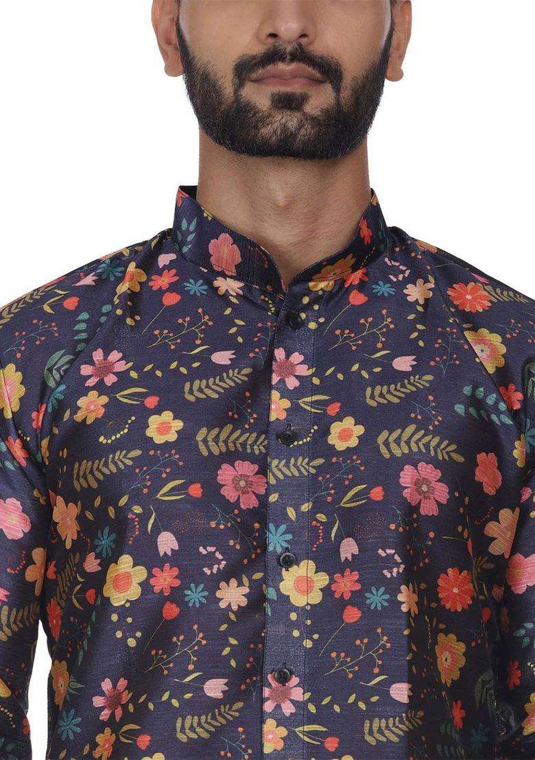Blue Printed Silk Kurta Set For Men - Indya