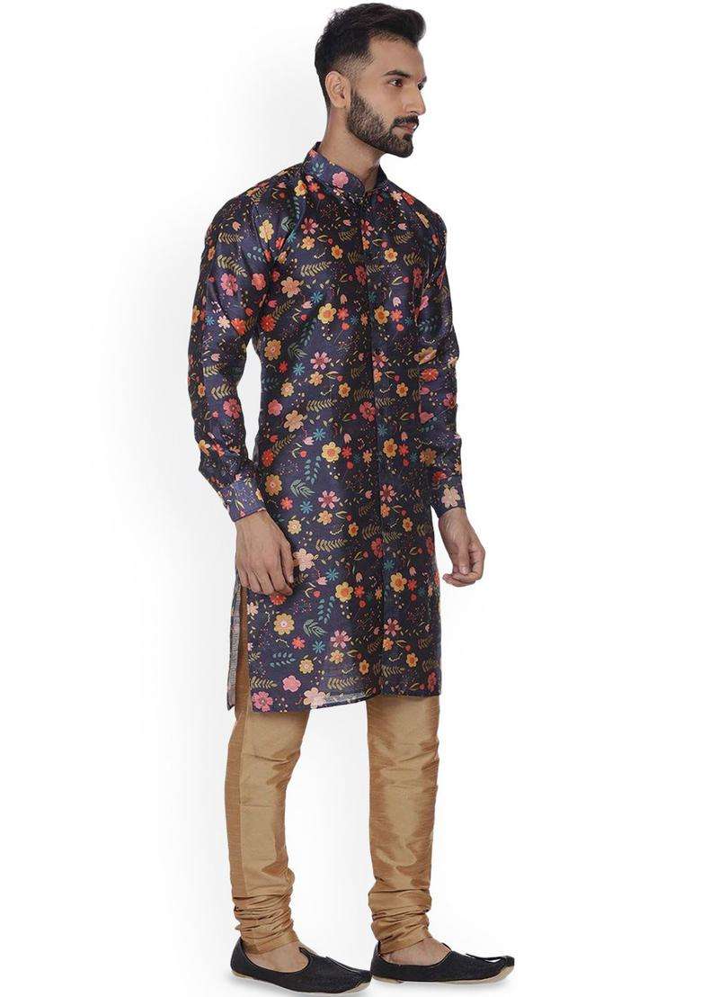 Blue Printed Silk Kurta Set For Men - Indya