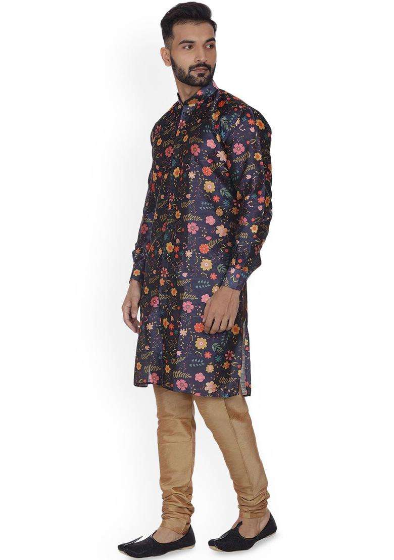 Blue Printed Silk Kurta Set For Men - Indya