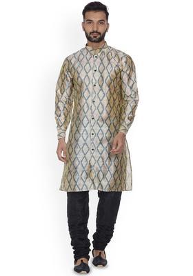 Beige Printed Silk Kurta Set For Men