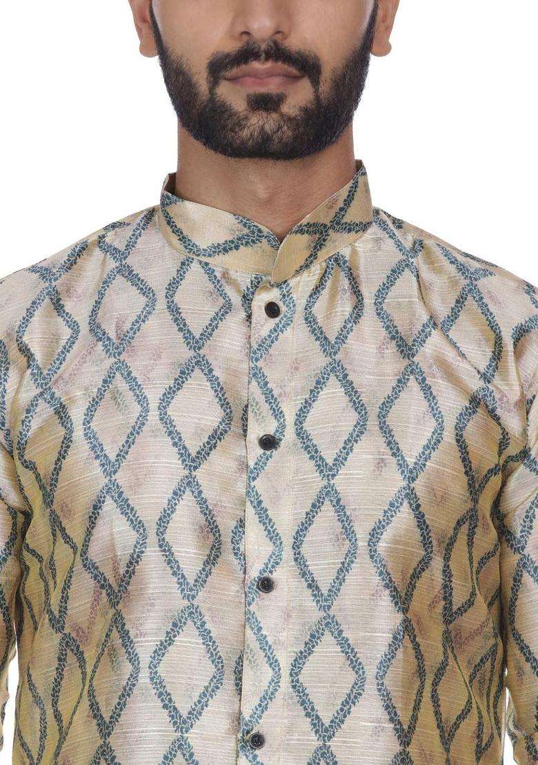 Beige Printed Silk Kurta Set For Men - Indya