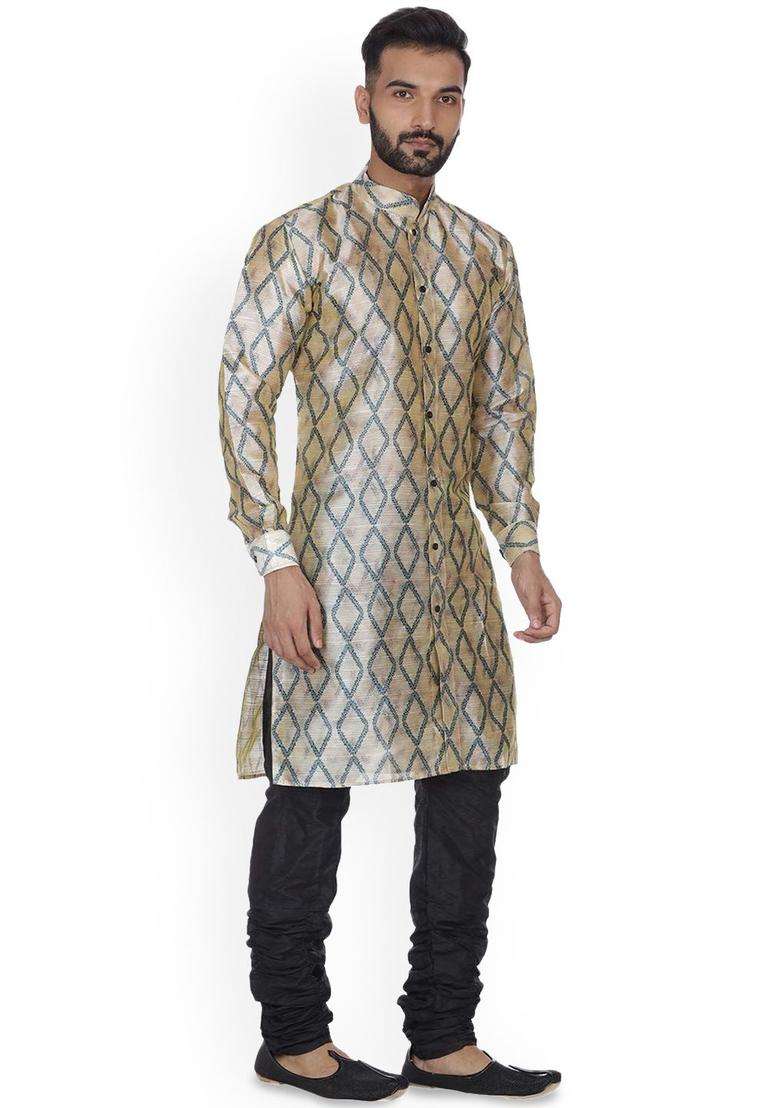 Beige Printed Silk Kurta Set For Men - Indya