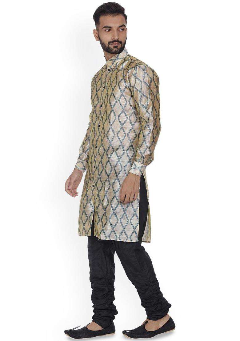 Beige Printed Silk Kurta Set For Men - Indya