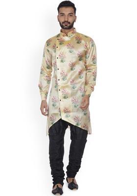 Beige Printed Silk Kurta Set For Men