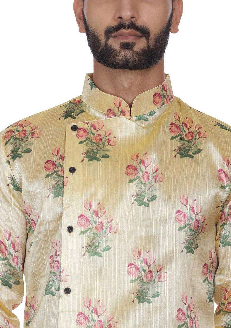 Beige Printed Silk Kurta Set For Men - Indya