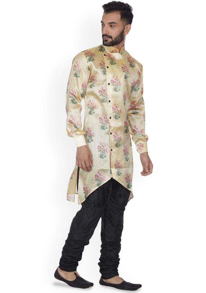 Beige Printed Silk Kurta Set For Men - Indya