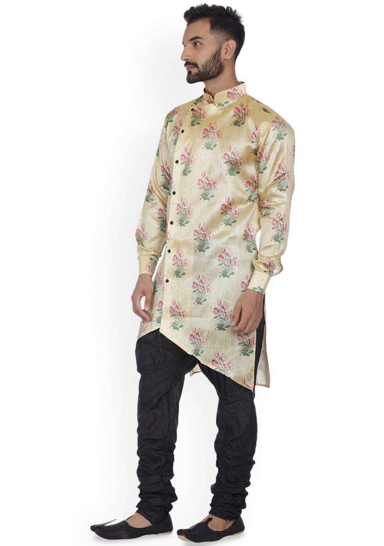 Beige Printed Silk Kurta Set For Men - Indya
