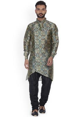 Green Printed Silk Kurta Set For Men