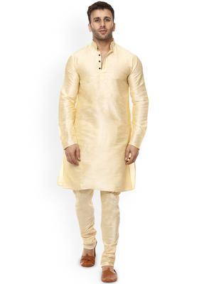 Beige Solid Silk Kurta Set For Men