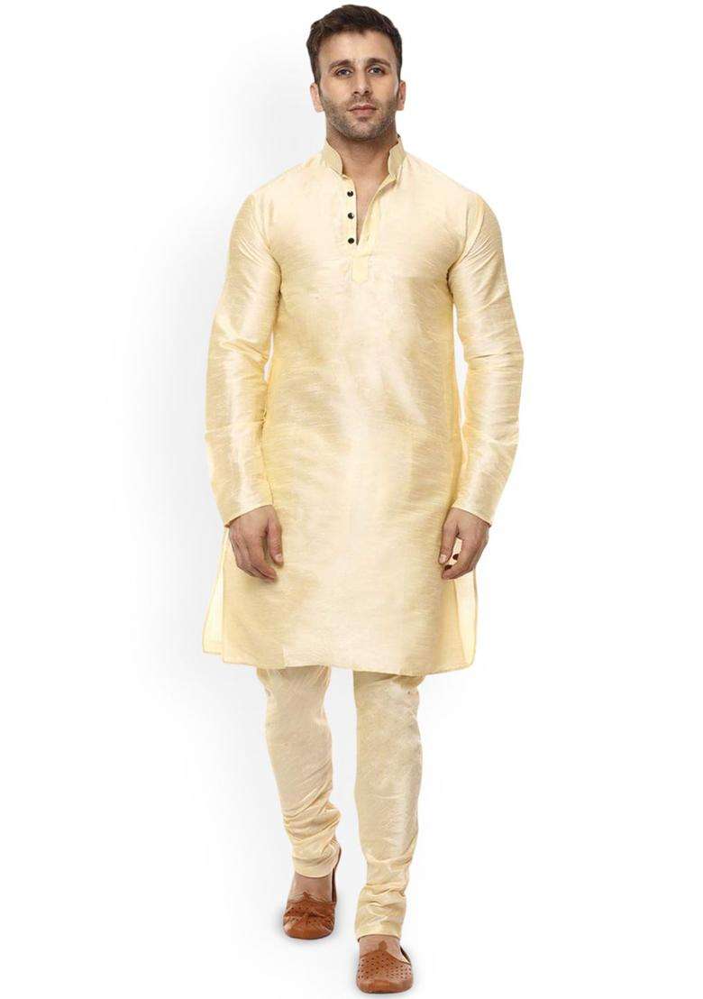 Beige Solid Silk Blend Kurta Set For Men - Indya