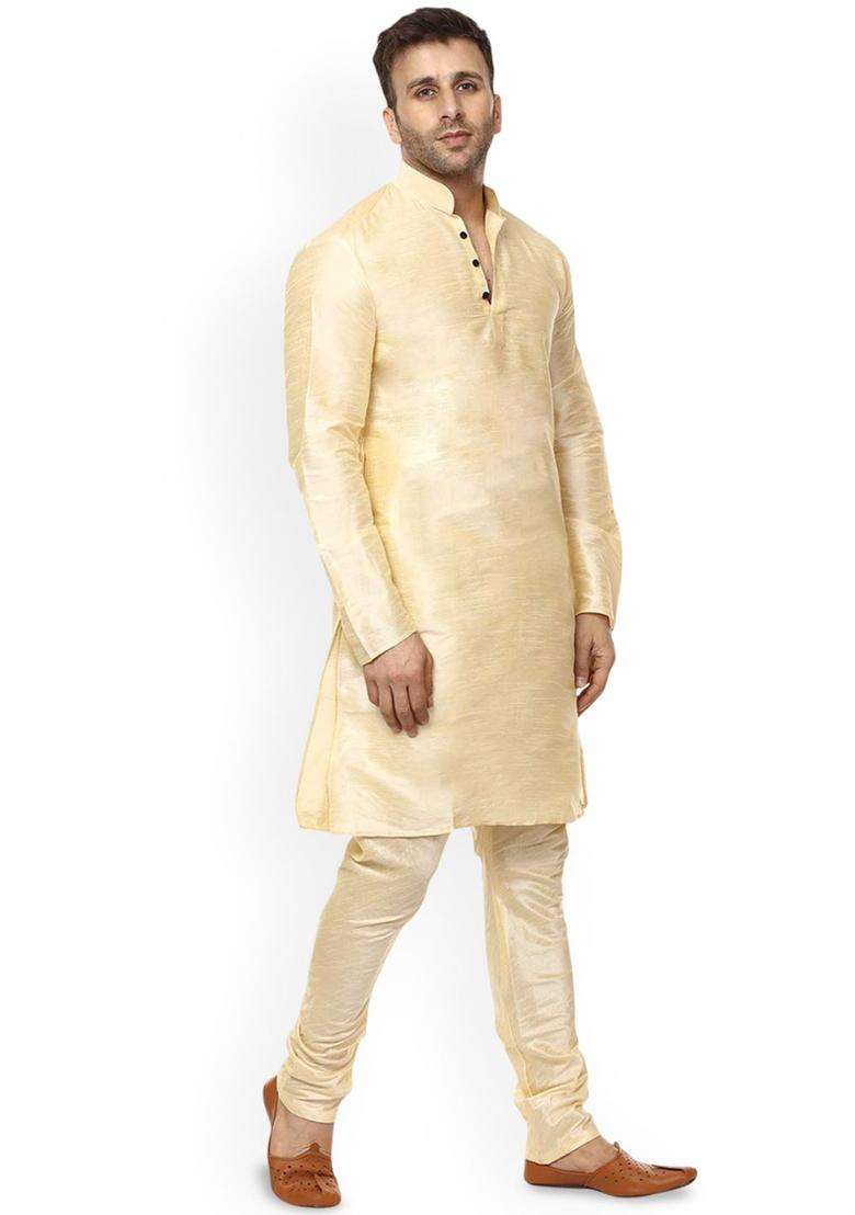 Beige Solid Silk Blend Kurta Set For Men - Indya