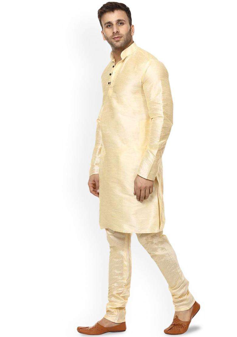 Beige Solid Silk Blend Kurta Set For Men - Indya