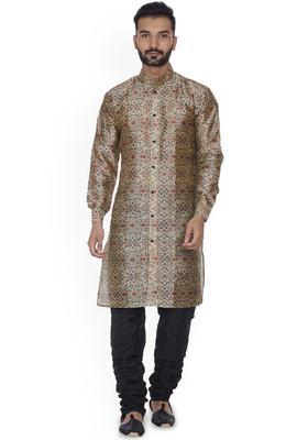 Brown Printed Silk Kurta Set For Men