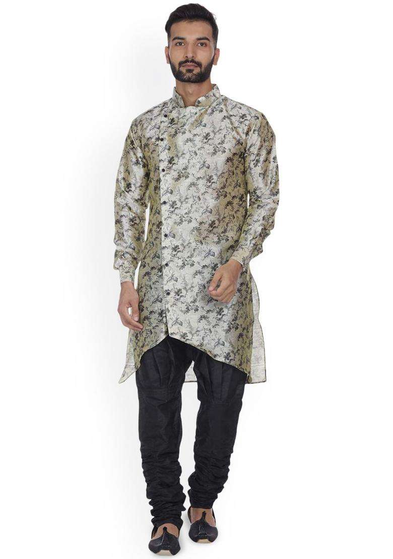 Beige Printed Silk Kurta Set For Men - Indya