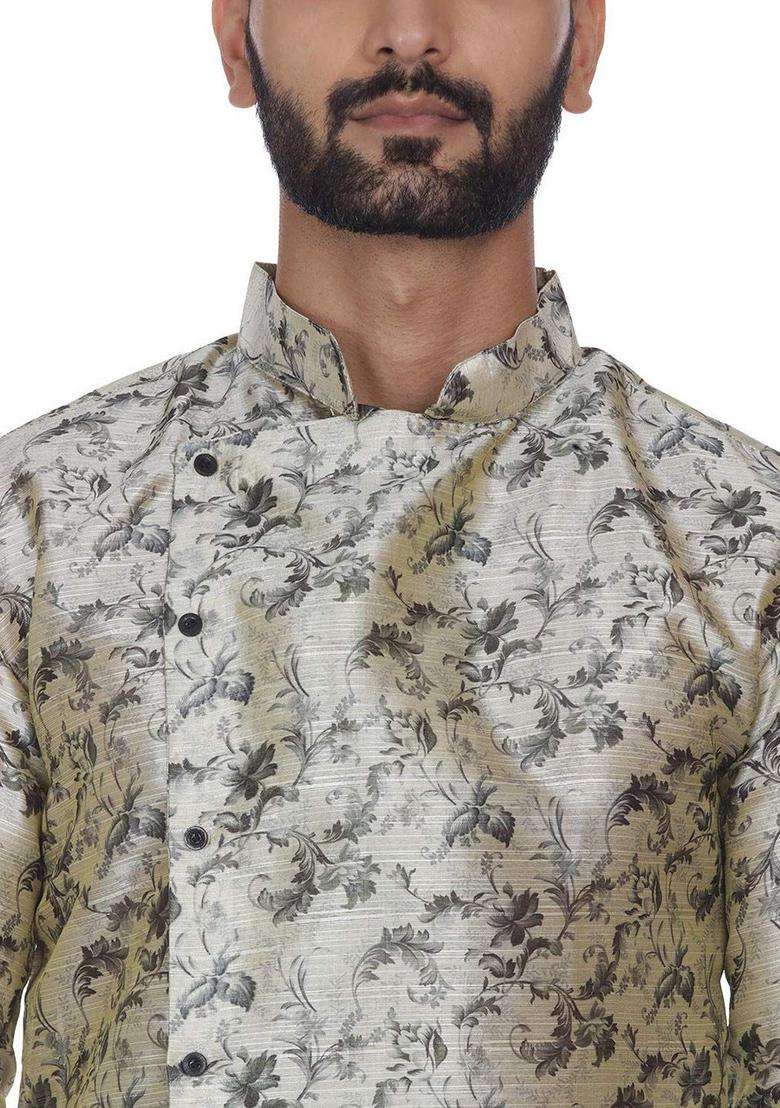Beige Printed Silk Kurta Set For Men - Indya