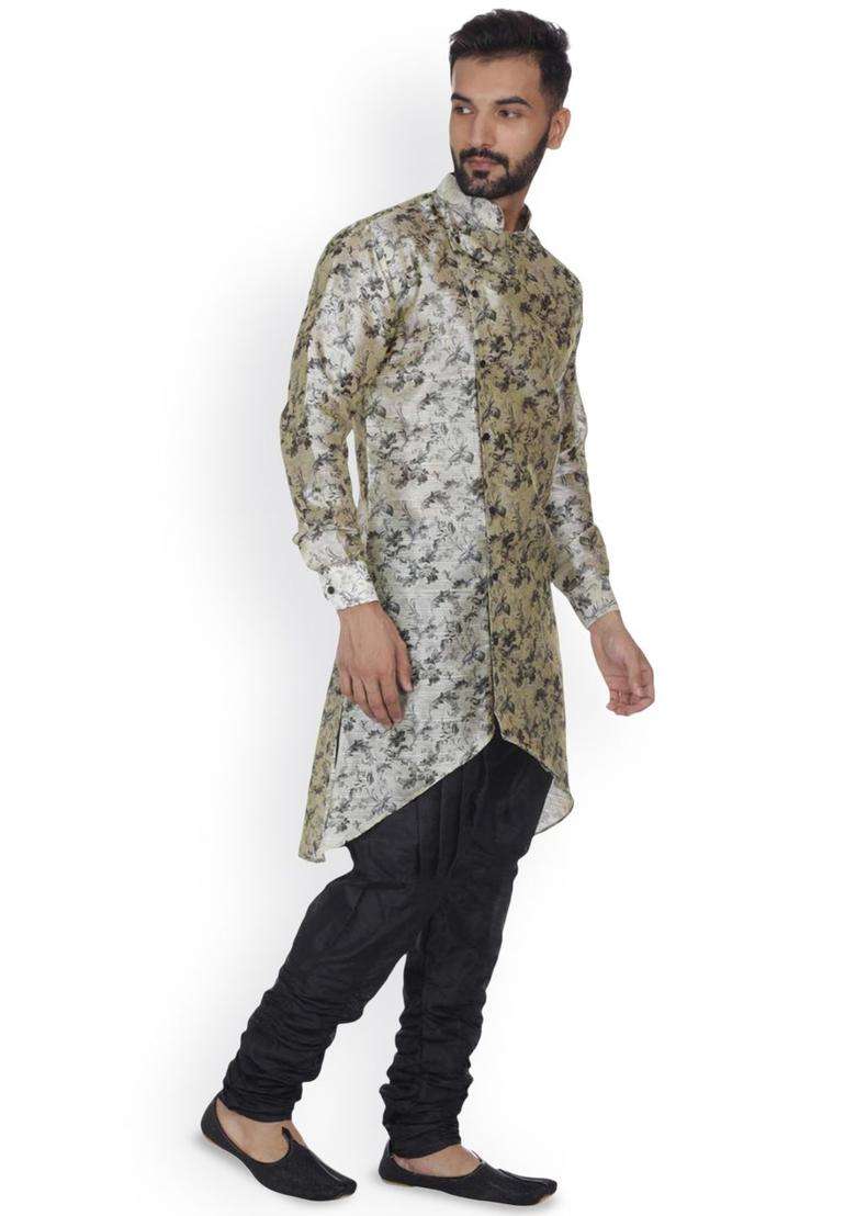 Beige Printed Silk Kurta Set For Men - Indya