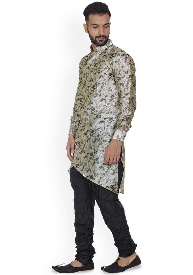Beige Printed Silk Kurta Set For Men - Indya