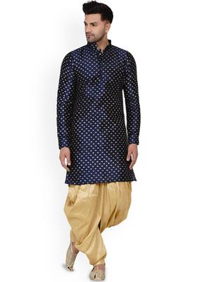 Blue Printed Silk Kurta Set For Men