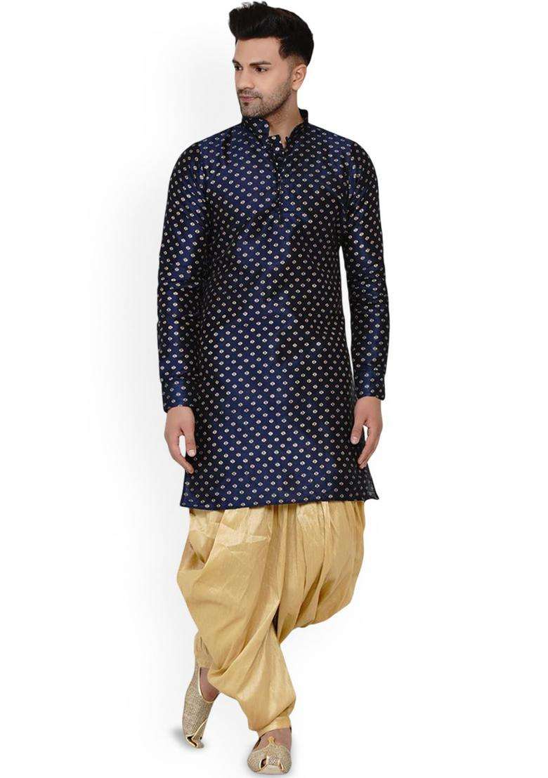 Blue Printed Silk Blend Kurta Set For Men - Indya